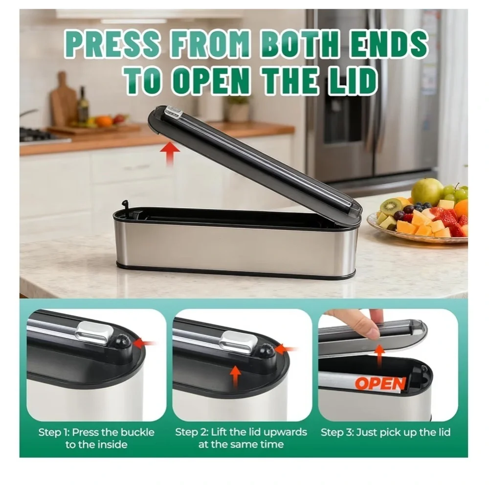 Magnetic Plastic Wrap Dispenser with Cutter, No-Drill Wall Mount 061